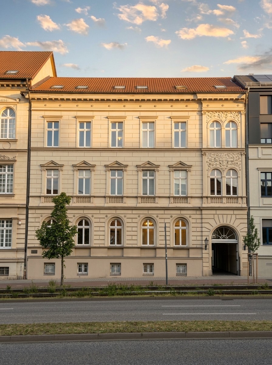Historische Fassade der Franckestraße 3 in Halle mit Torbogen-Durchgang